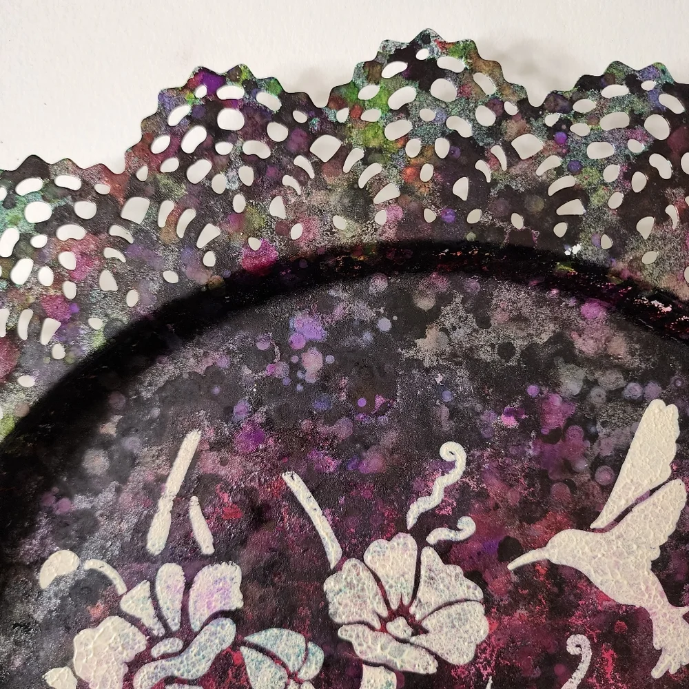 HANDCRAFTED Upcycled Metal Tray HANDPAINTED Tabletop Art Decor Floral Artwork